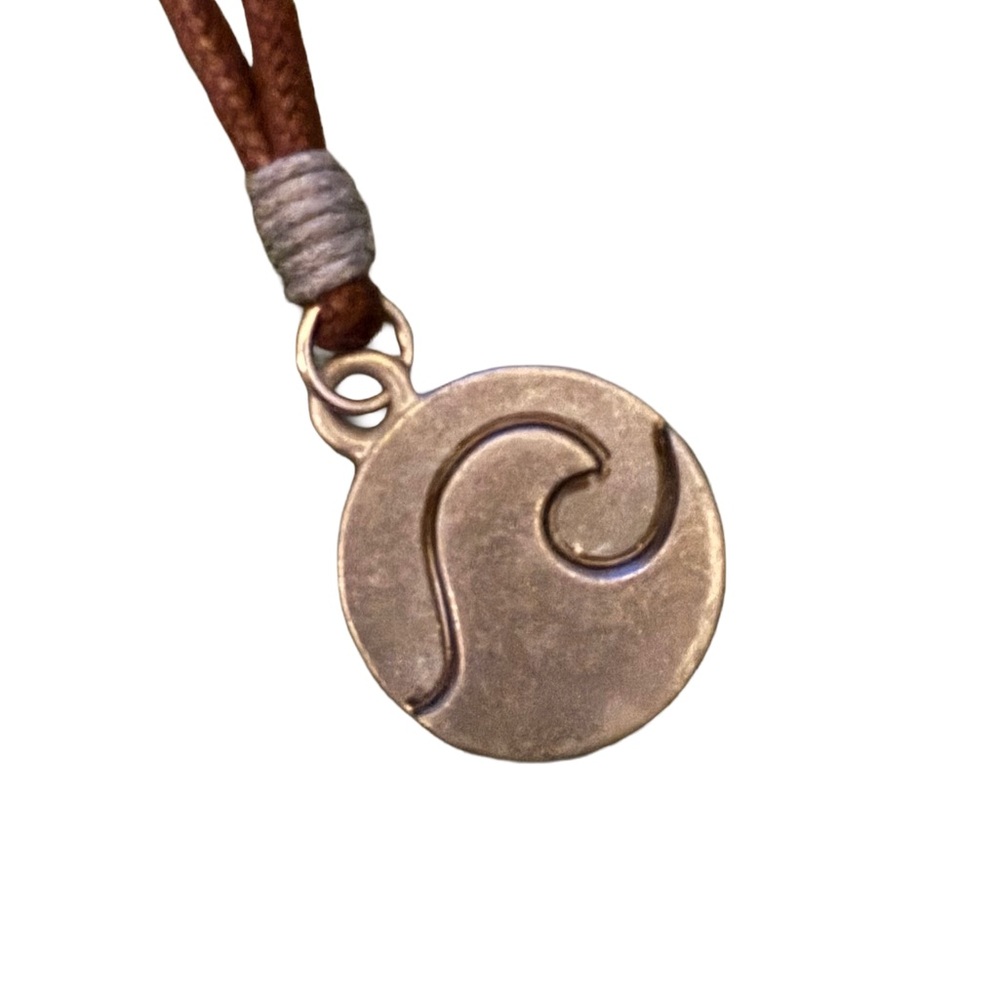 Silver Wave Pendant Necklace with Brown Cord